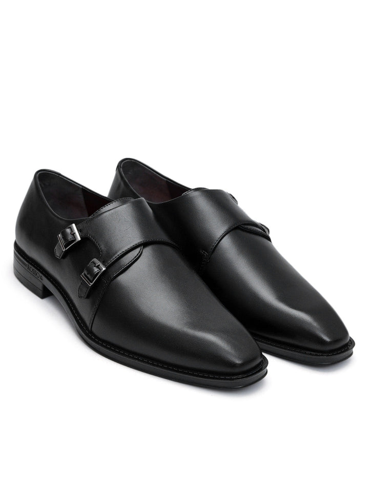 Black Plain Leather Double Monk Straps