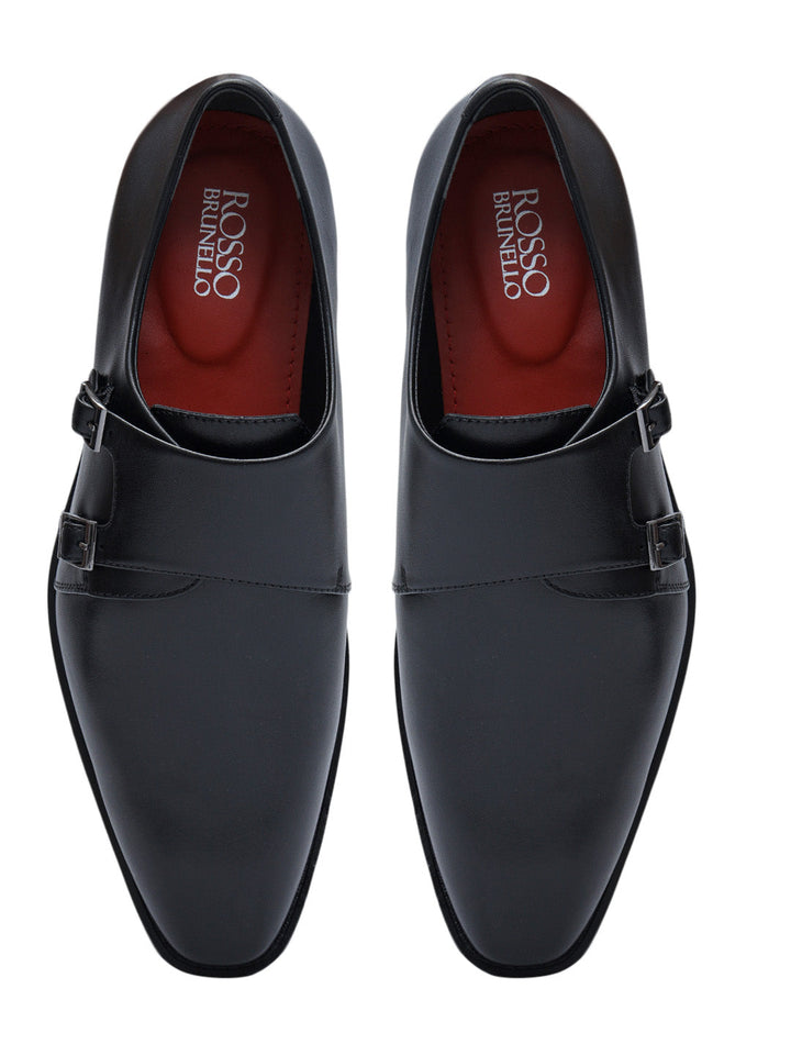 Black Plain Leather Double Monk Straps