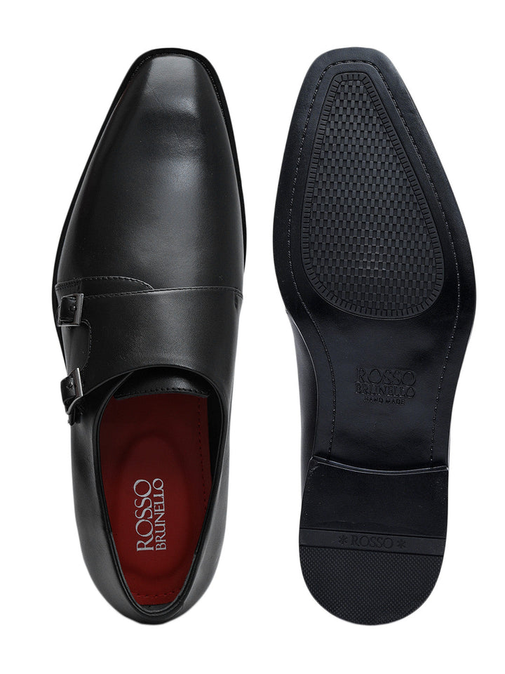 Black Plain Leather Double Monk Straps