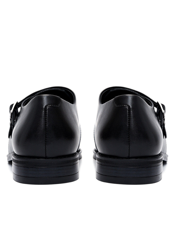 Black Plain Leather Double Monk Straps