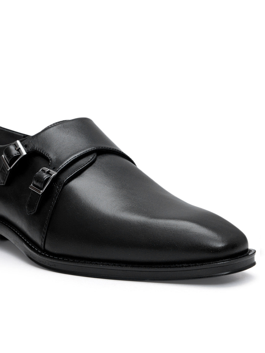 Black Plain Leather Double Monk Straps