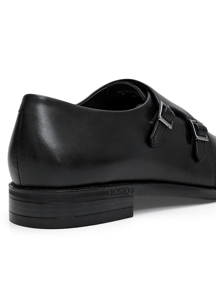 Black Plain Leather Double Monk Straps
