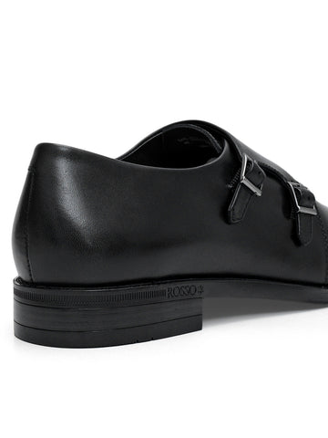 Black Plain Leather Double Monk Straps