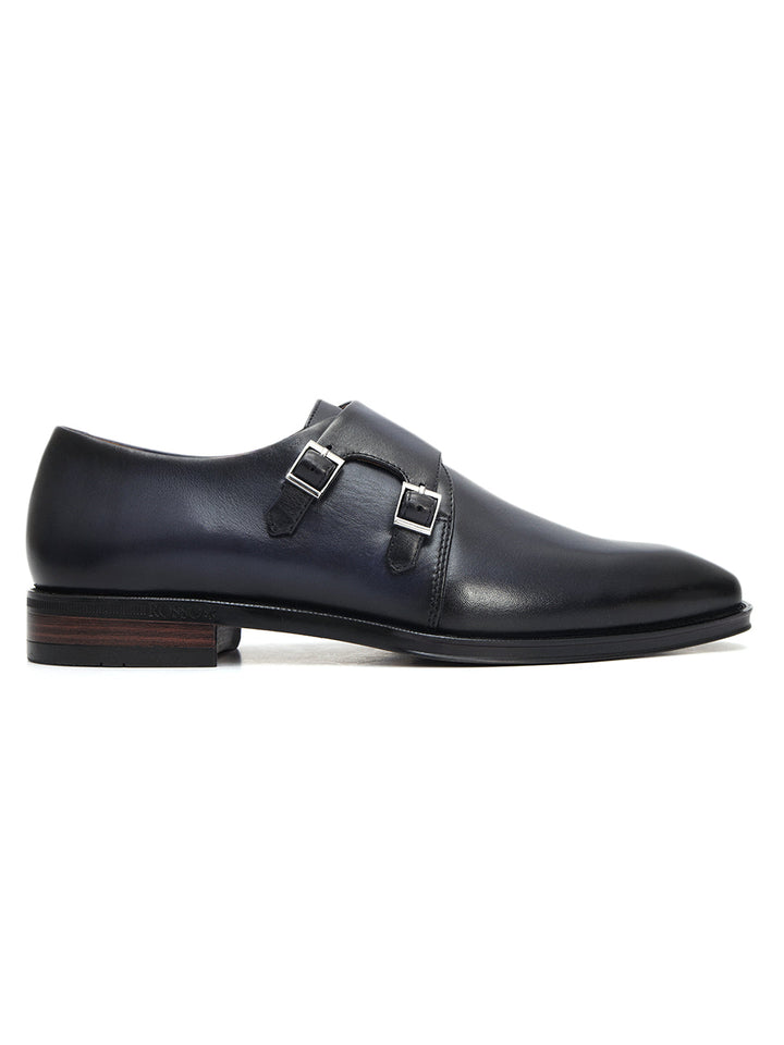 Blue Plain Leather Double Monk Straps