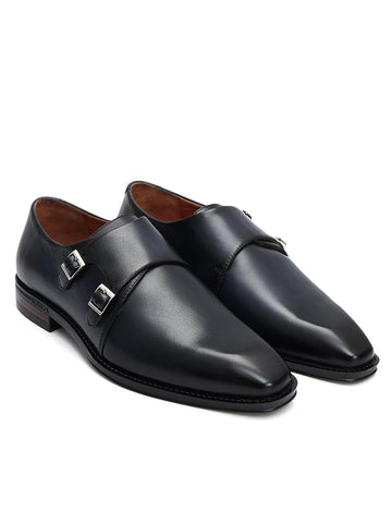 Blue Plain Leather Double Monk Straps