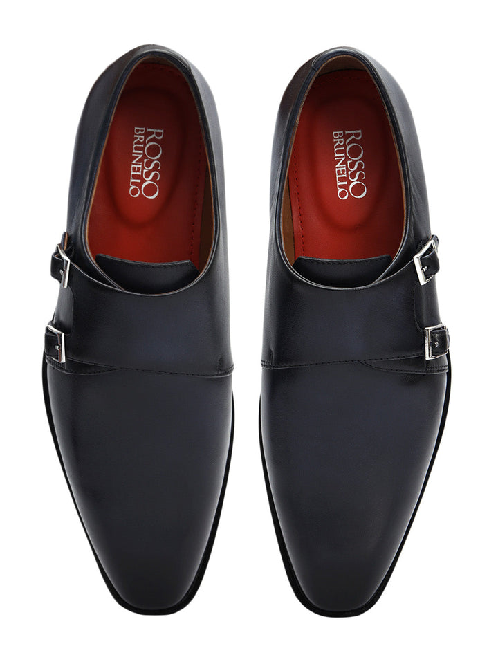 Blue Plain Leather Double Monk Straps