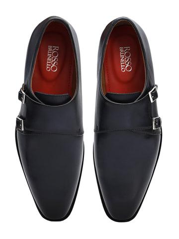 Blue Plain Leather Double Monk Straps