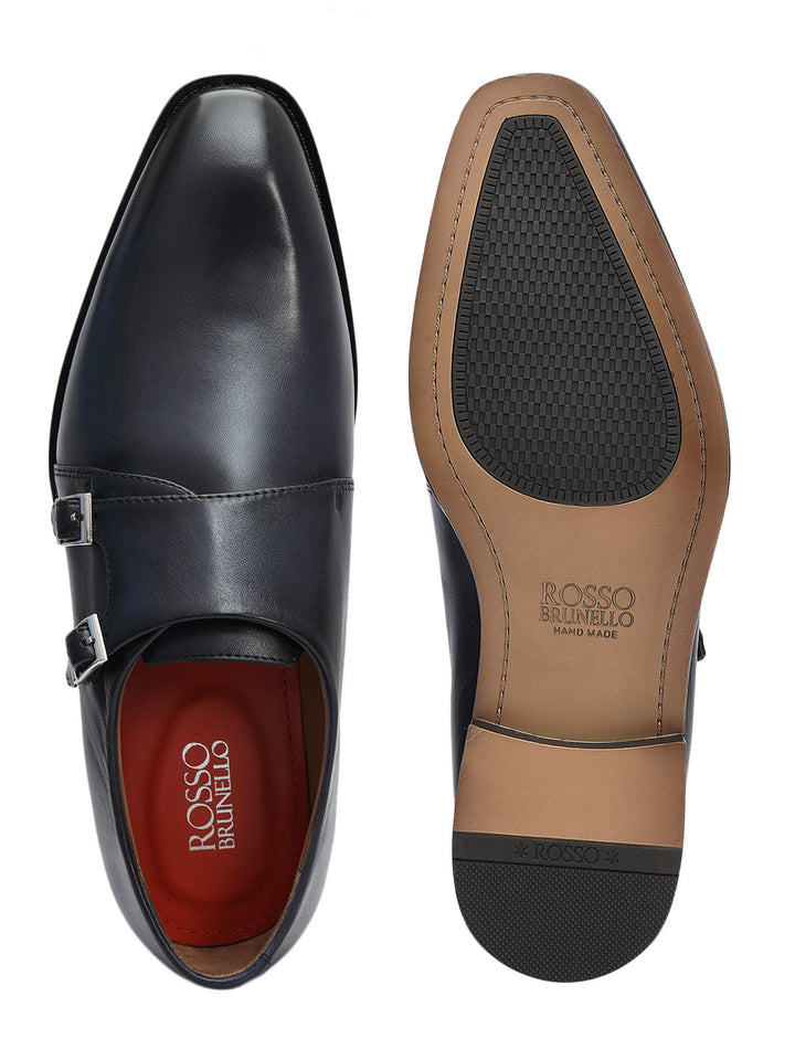 Blue Plain Leather Double Monk Straps