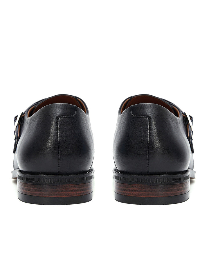 Blue Plain Leather Double Monk Straps