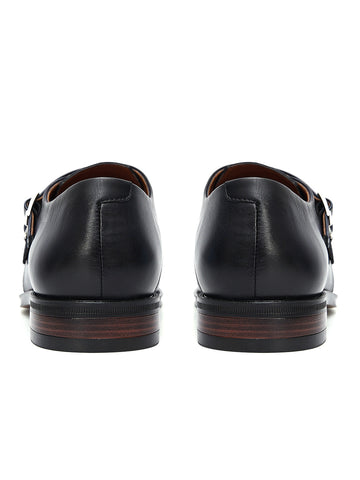 Blue Plain Leather Double Monk Straps