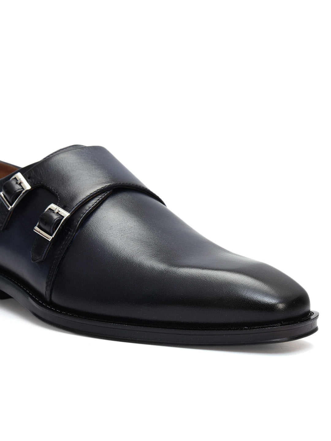 Blue Plain Leather Double Monk Straps