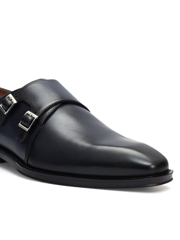 Blue Plain Leather Double Monk Straps