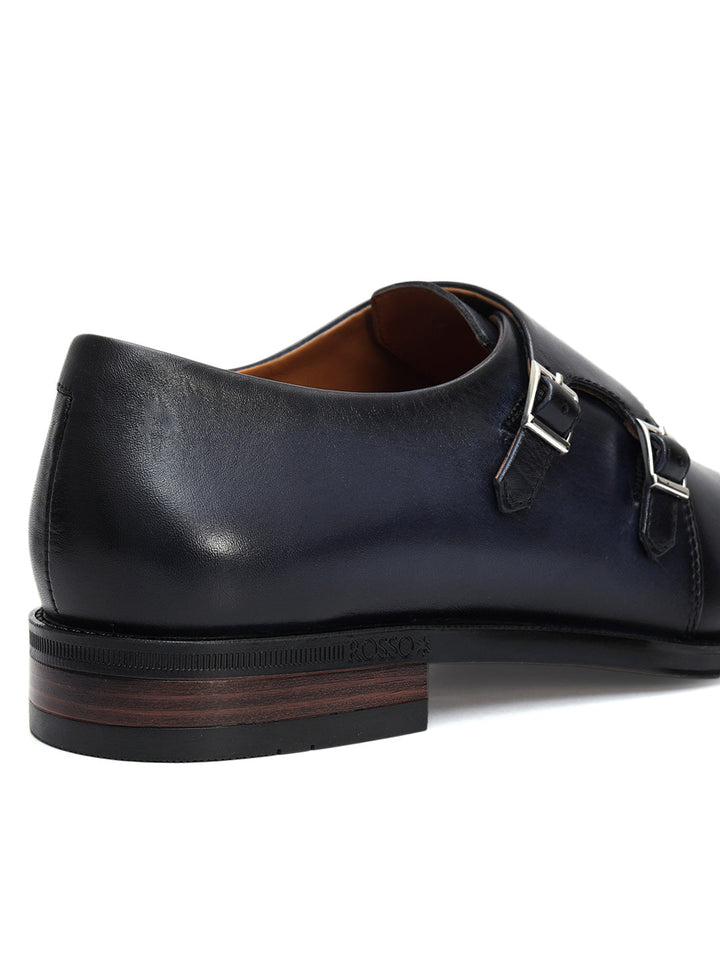 Blue Plain Leather Double Monk Straps