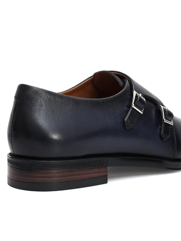 Blue Plain Leather Double Monk Straps