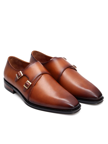 Tan Plain Leather Double Monk Straps