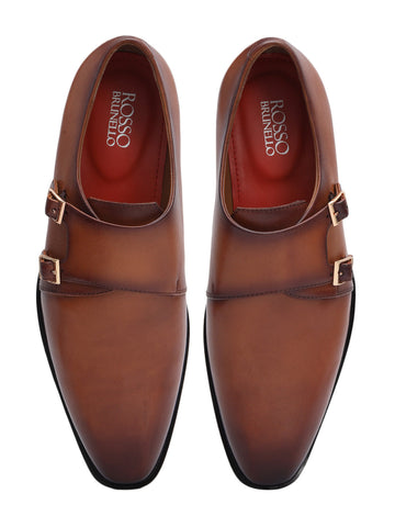 Tan Plain Leather Double Monk Straps