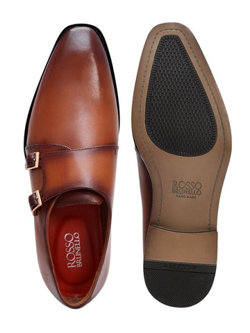 Tan Plain Leather Double Monk Straps
