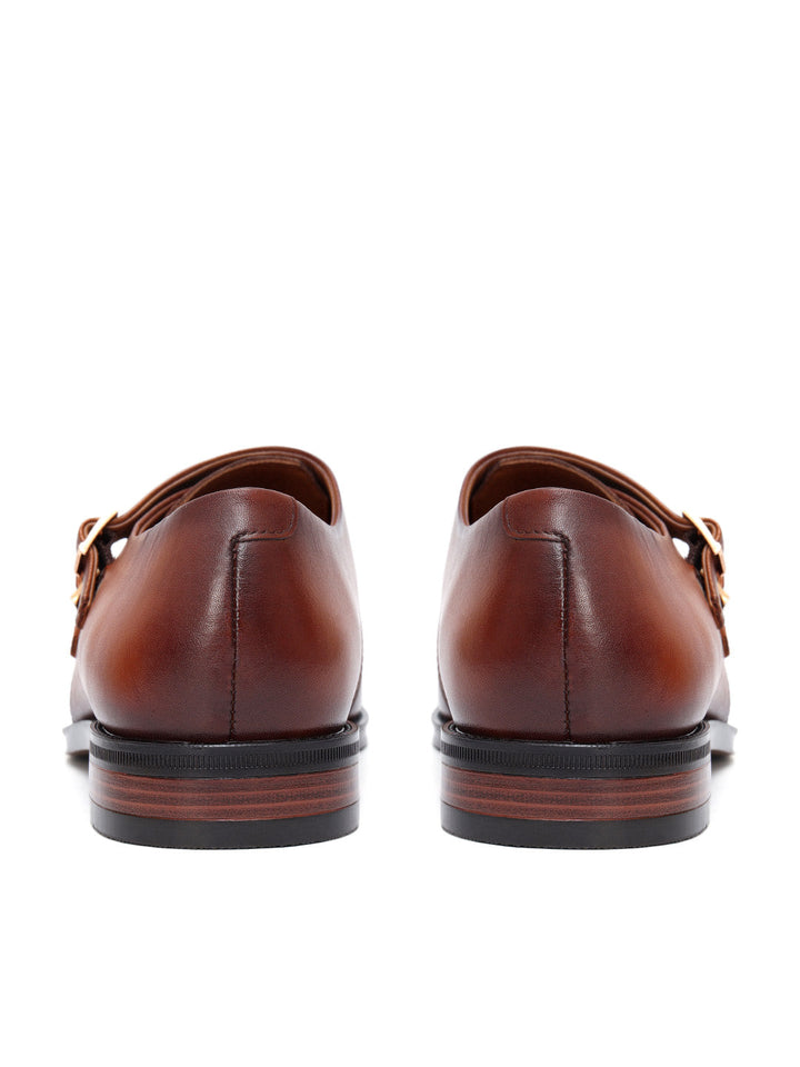 Tan Plain Leather Double Monk Straps