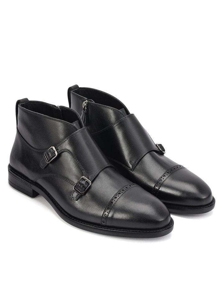 Black Monk Strap Style Leather Boots