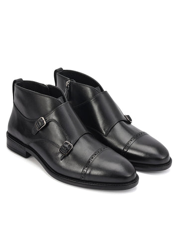 Black Monk Strap Style Leather Boots