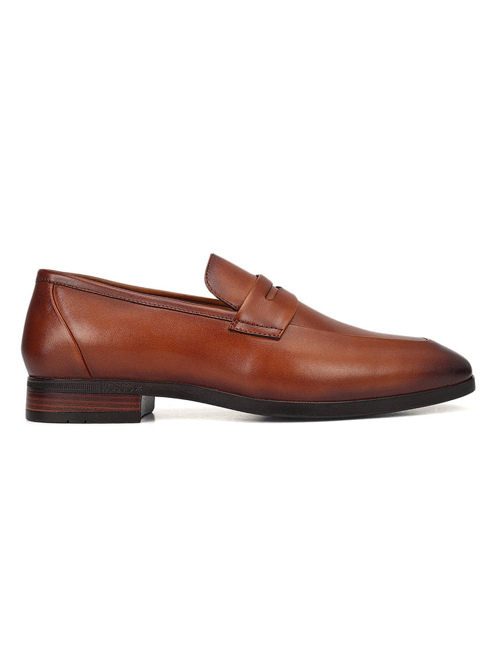 Tan Leather Loafers With Panel