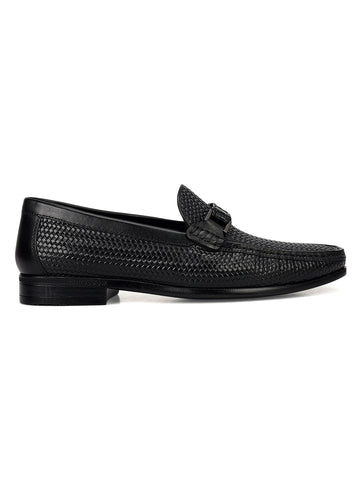 Black Woven Leather Loafers