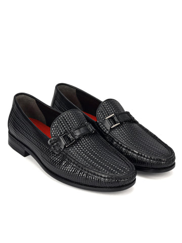 Black Woven Leather Loafers