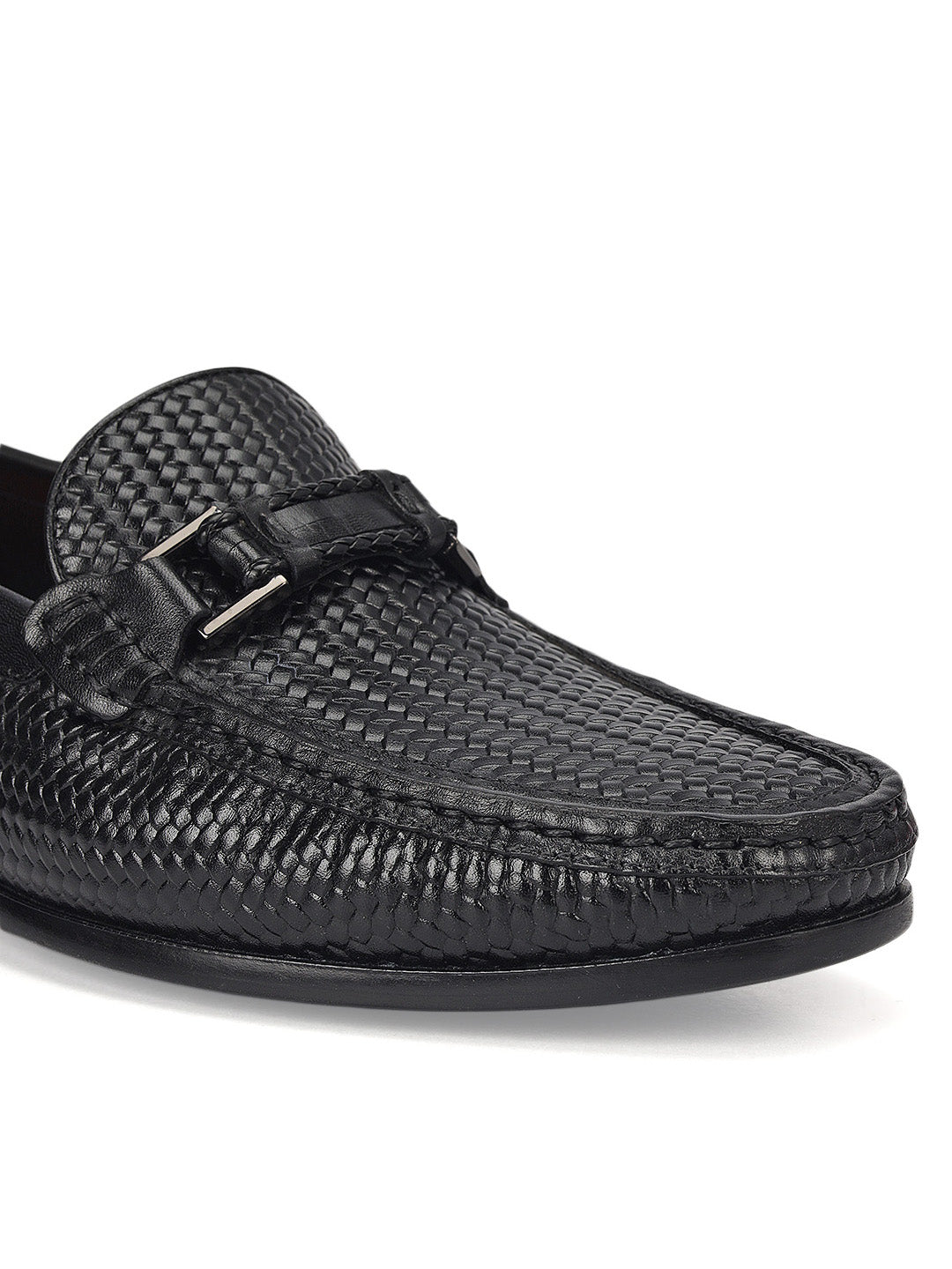 Black Woven Leather Loafers