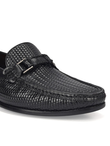 Black Woven Leather Loafers