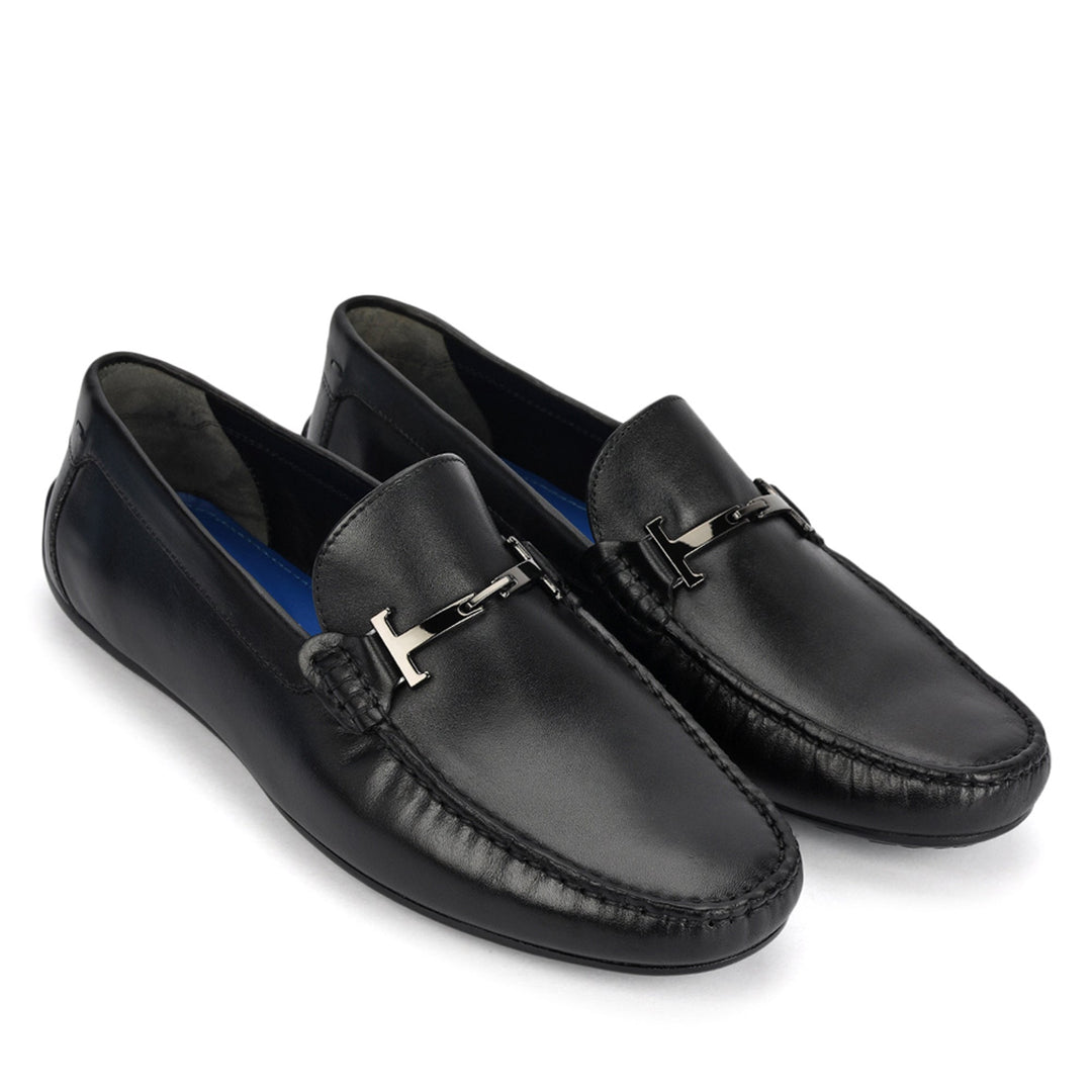 Black Leather Moccasins With Buckle