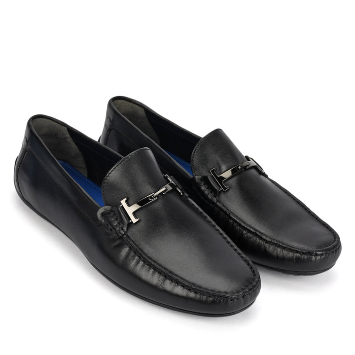 Black Leather Moccasins With Buckle