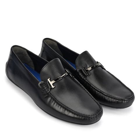 Black Leather Moccasins With Buckle