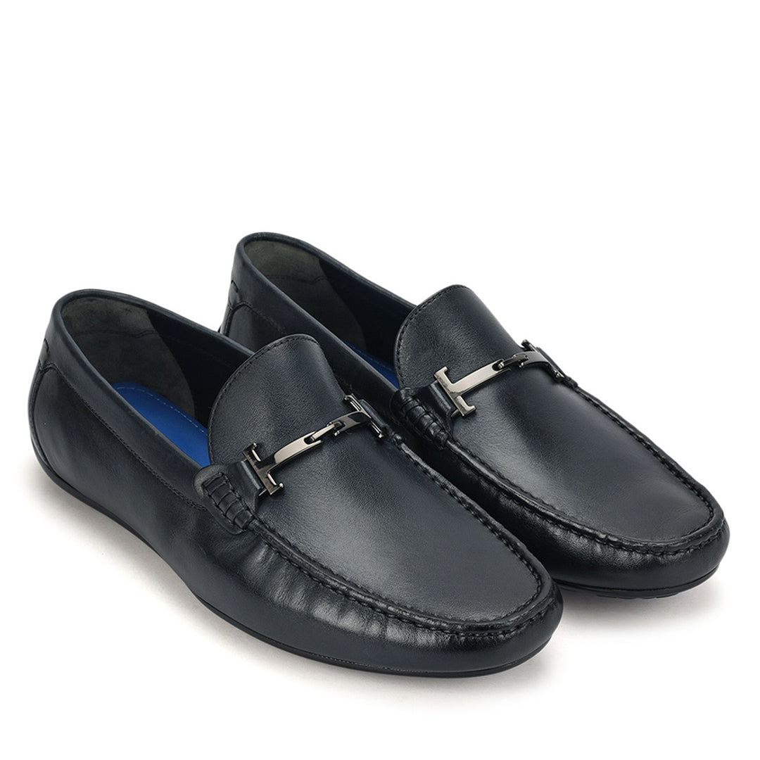 Blue Leather Moccasins With Buckle