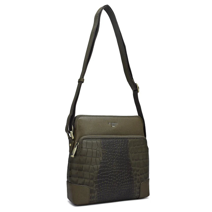 Croco Franzy Leather Men Sling - Military Green