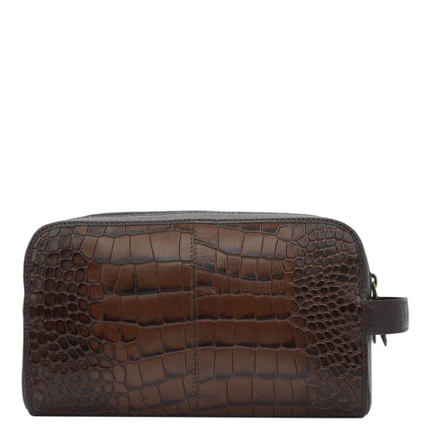 Croco Franzy Leather Vanity Pouch - Brown