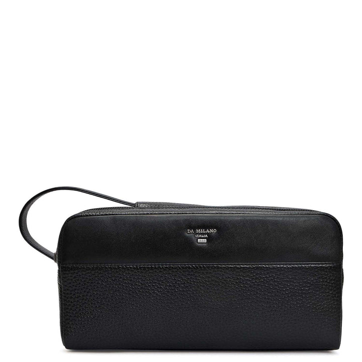 Wax Plain Leather Vanity Pouch - Black