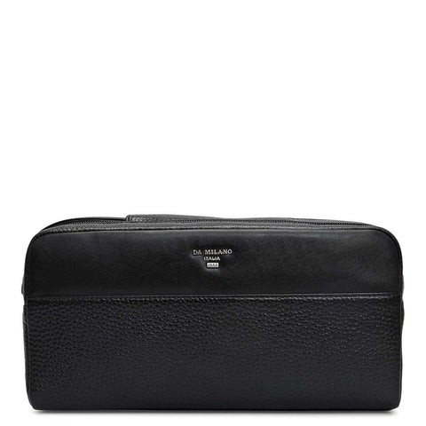 Wax Plain Leather Vanity Pouch - Black