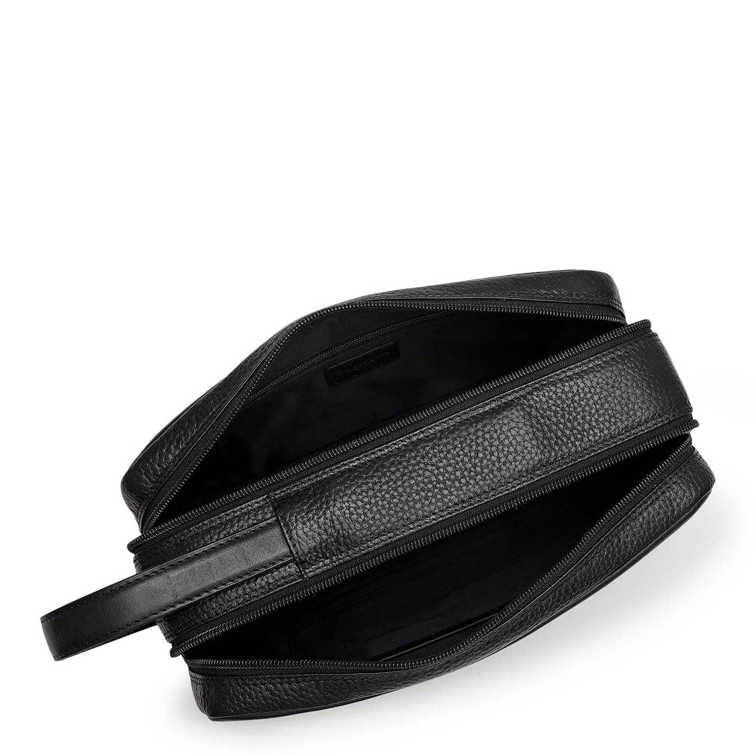 Wax Plain Leather Vanity Pouch - Black