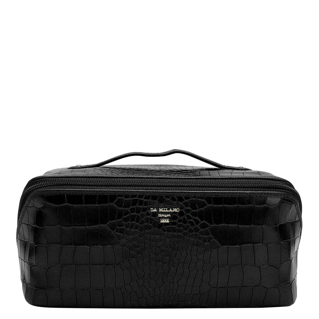 Large Croco Leather Vanity Pouch - Black