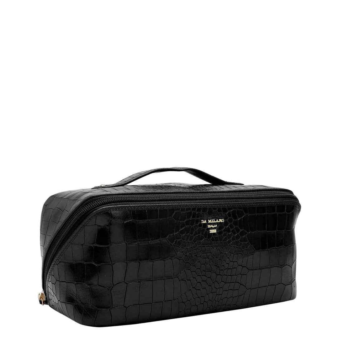 Large Croco Leather Vanity Pouch - Black