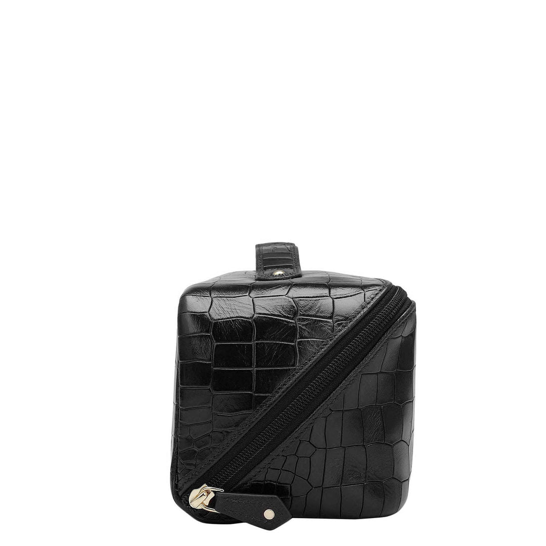 Large Croco Leather Vanity Pouch - Black