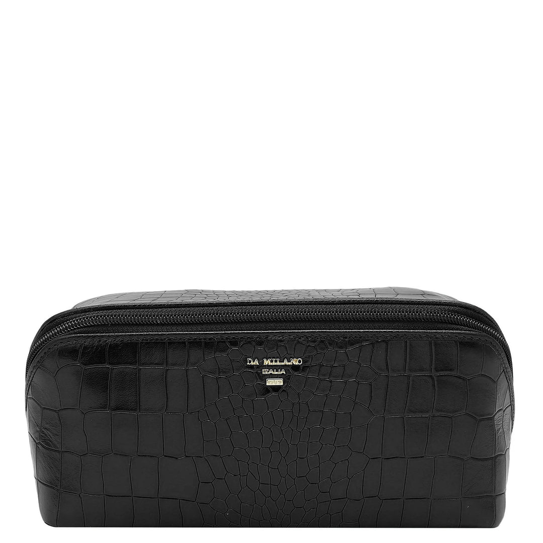 Medium Croco Leather Vanity Pouch - Black