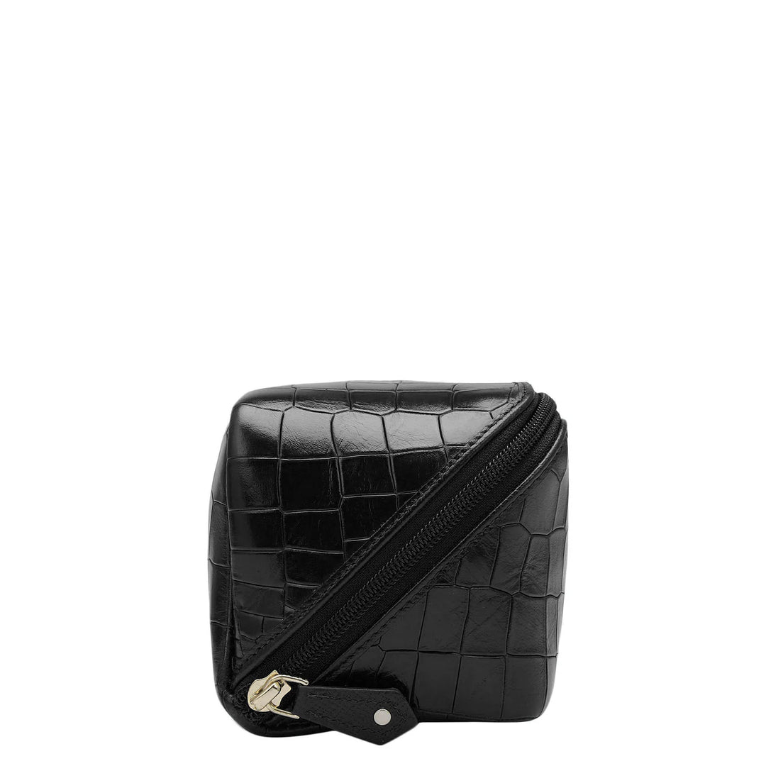 Medium Croco Leather Vanity Pouch - Black