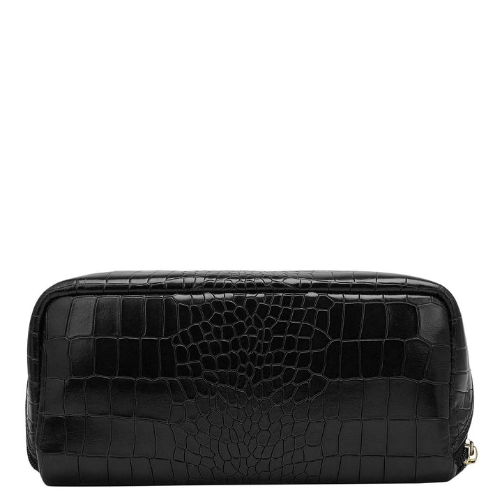 Medium Croco Leather Vanity Pouch - Black