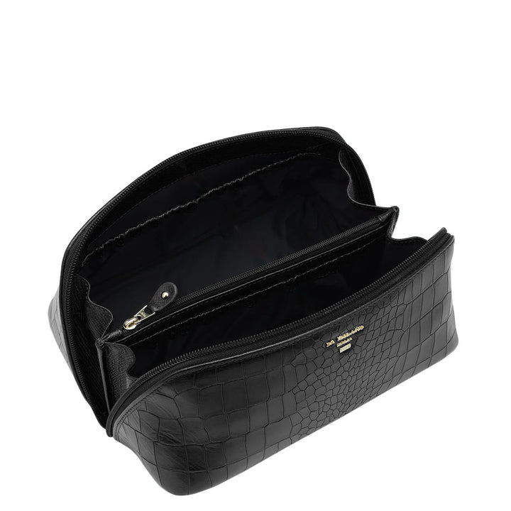 Medium Croco Leather Vanity Pouch - Black