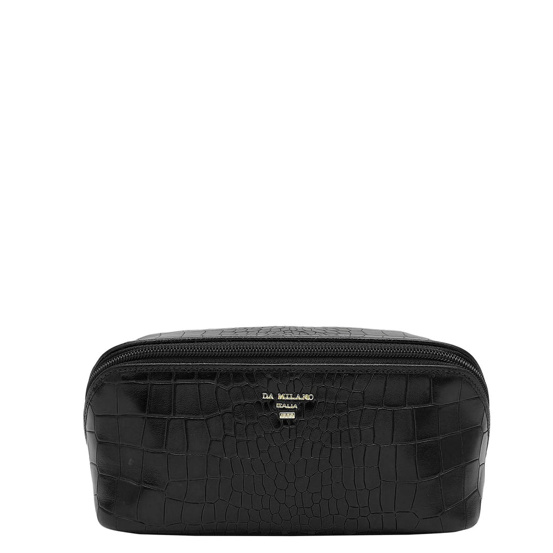 Small Croco Leather Vanity Pouch - Black