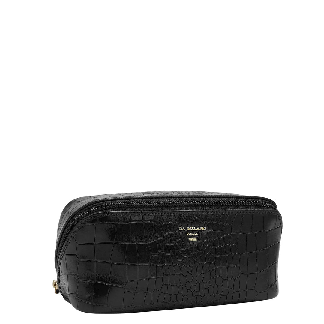 Small Croco Leather Vanity Pouch - Black