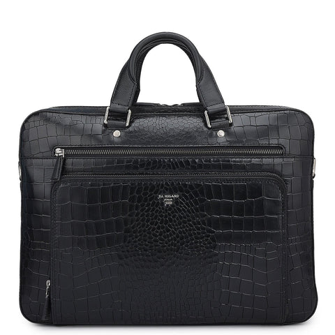 Croco Leather Laptop Bag - Black