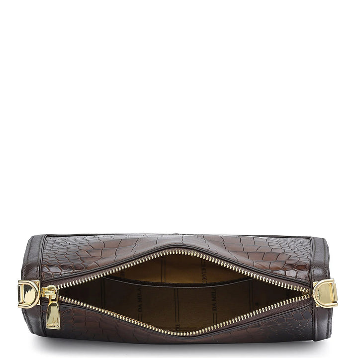 Small Croco Leather Baguette - Brown