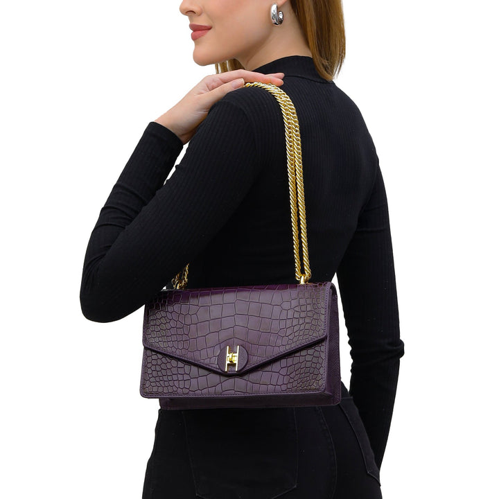 Small Croco Leather Shoulder Bag - Grapevine